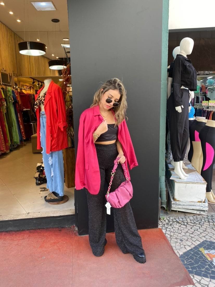 Conjunto Calça Lurex, Cropped e Blazer