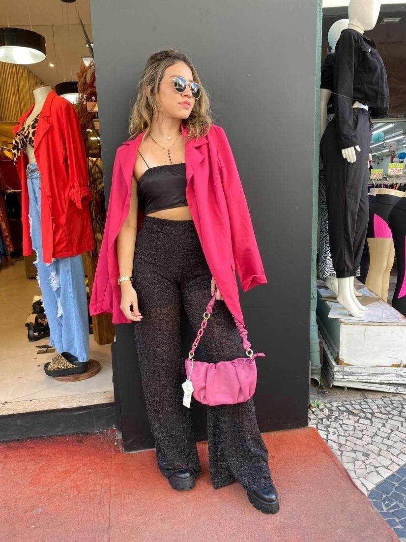 Conjunto Calça Lurex, Cropped e Blazer